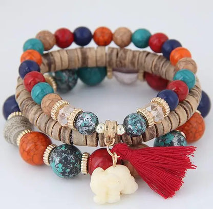 3pcs/set Wooden Beads Bracelets For Women Bohemia Elephant Tassel