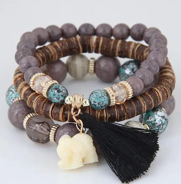 3pcs/set Wooden Beads Bracelets For Women Bohemia Elephant Tassel