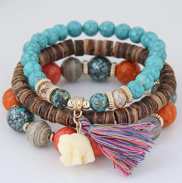 3pcs/set Wooden Beads Bracelets For Women Bohemia Elephant Tassel