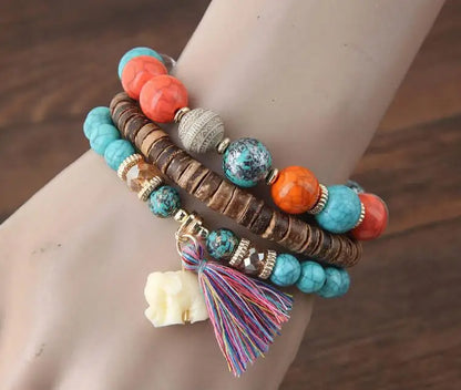 3pcs/set Wooden Beads Bracelets For Women Bohemia Elephant Tassel