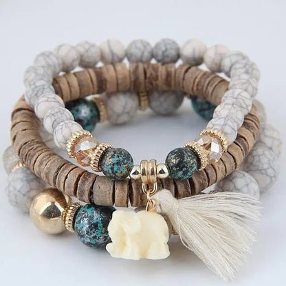 3pcs/set Wooden Beads Bracelets For Women Bohemia Elephant Tassel