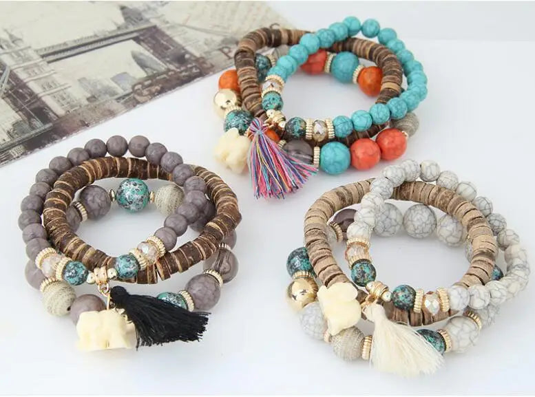 3pcs/set Wooden Beads Bracelets For Women Bohemia Elephant Tassel