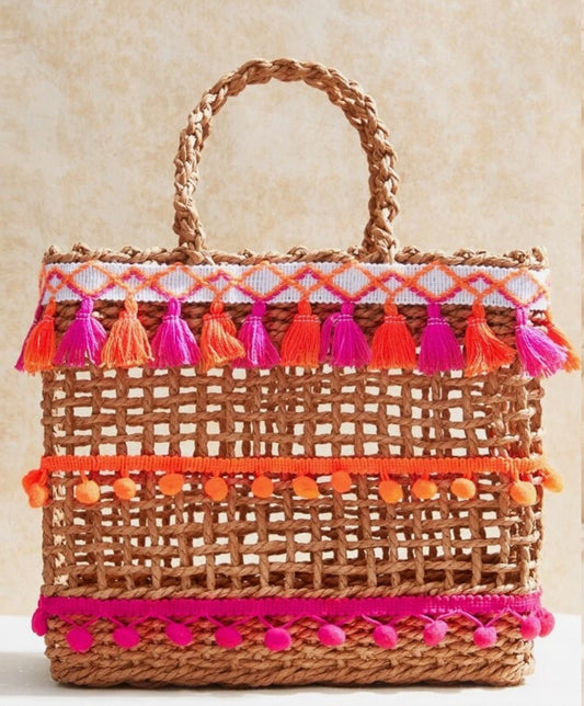 Pom Pom &Tassel Decor Straw Bag, Woven