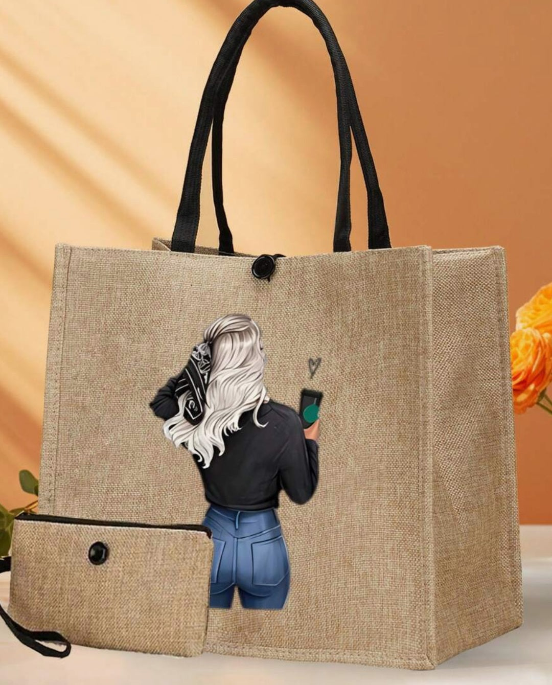 2 Pieces/Set Simple Floral Letter Printed Linen Tote Bag