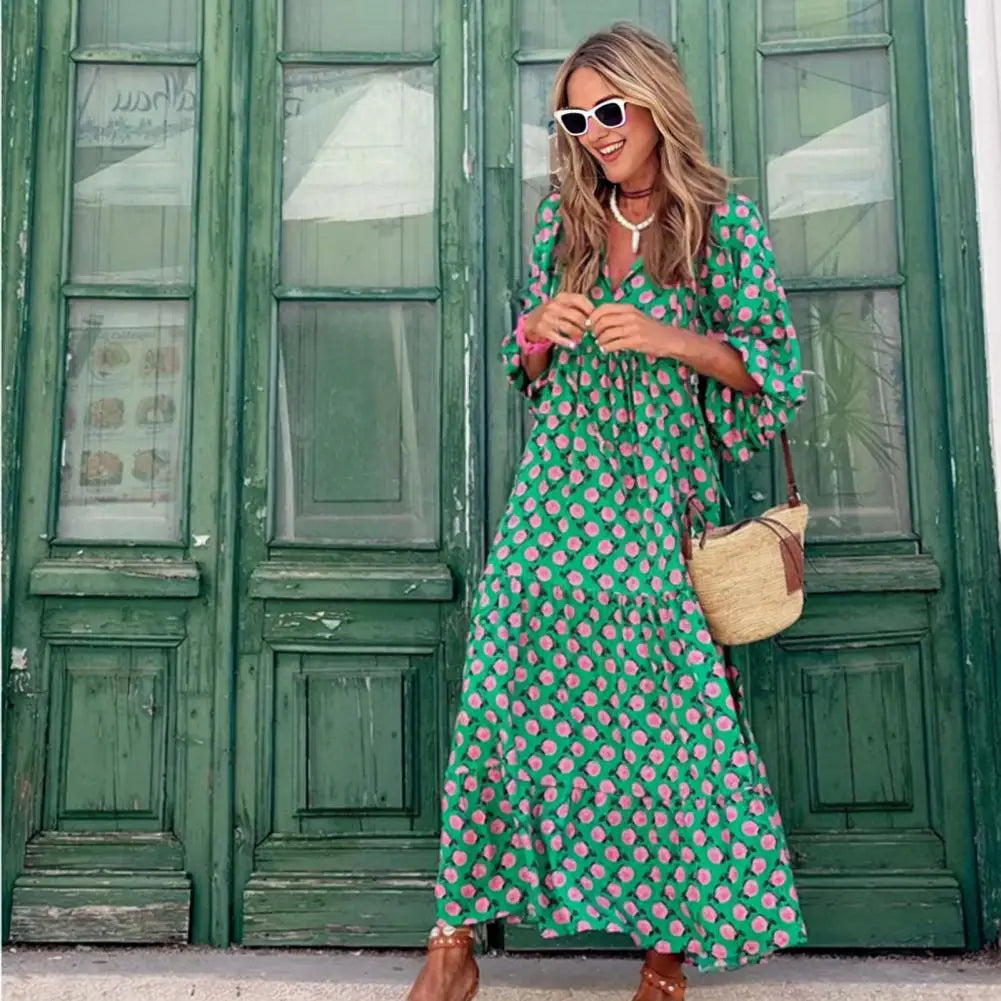 Women Long Dress Geometric Print V Neck Midi Dress with Bubble Sleeves