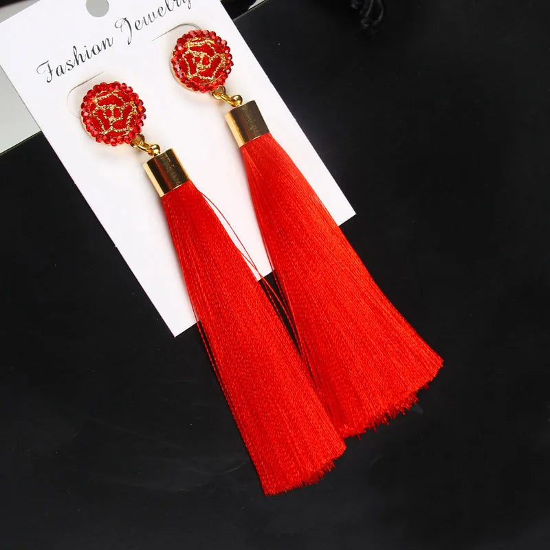 Crystal Rice Character Long Tassel Earrings Boho