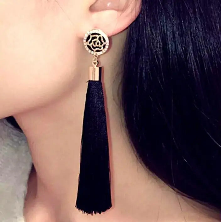 Crystal Rice Character Long Tassel Earrings Boho